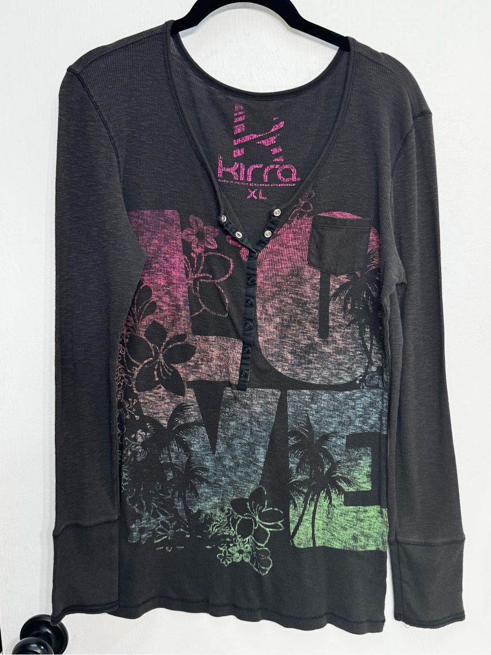 Kirra Black Long Sleeve Henley with Pink-Purple-Blue-Green Ombre Graphic